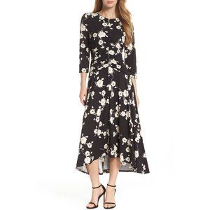 FLORAL PRINT HIGH-LOW RUCHED DRESS Day/Evening All-Season
